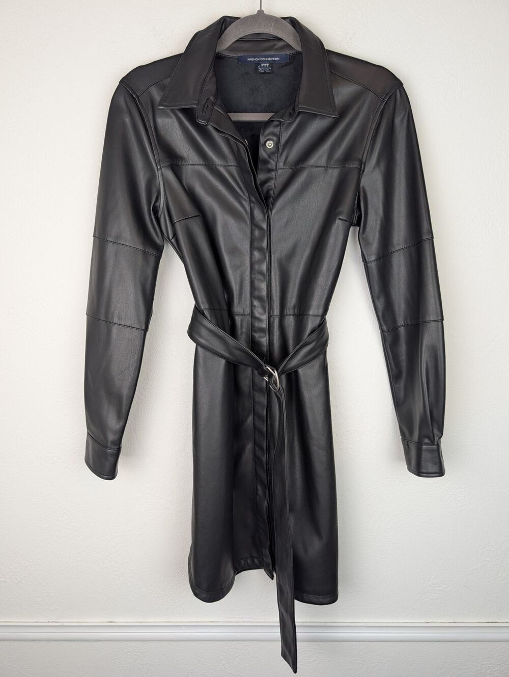 French Connection Faux Leather Jacket Edgy Classic Chic 90s Vintage Black Size 6